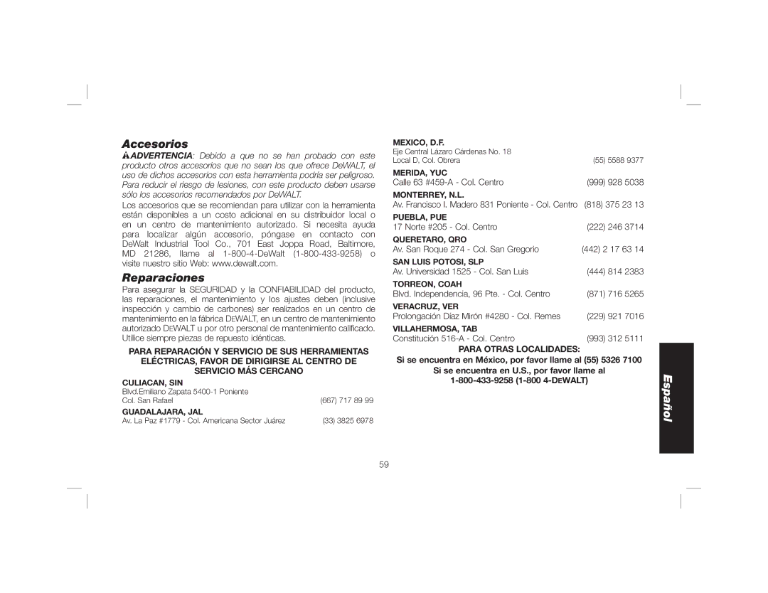 DeWalt DWE46102 instruction manual Reparaciones, Para Otras Localidades 