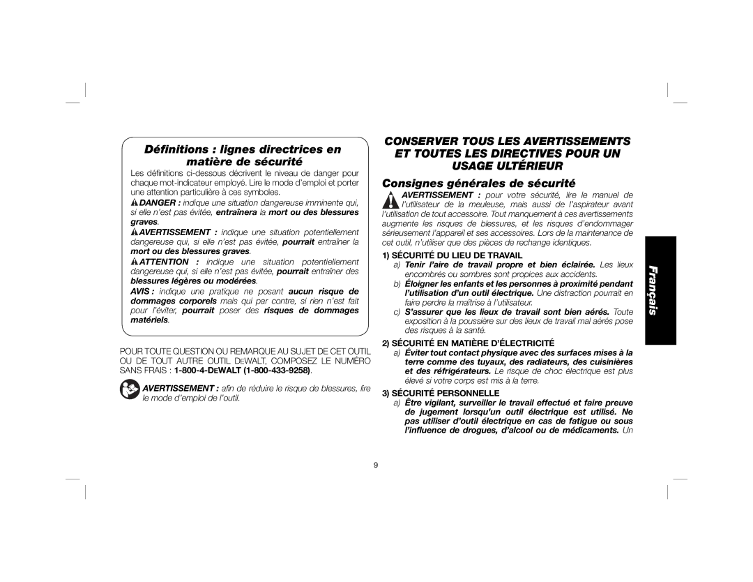 DeWalt DWE46150 instruction manual Déﬁnitions lignes directrices en matière de sécurité, Consignes générales de sécurité 