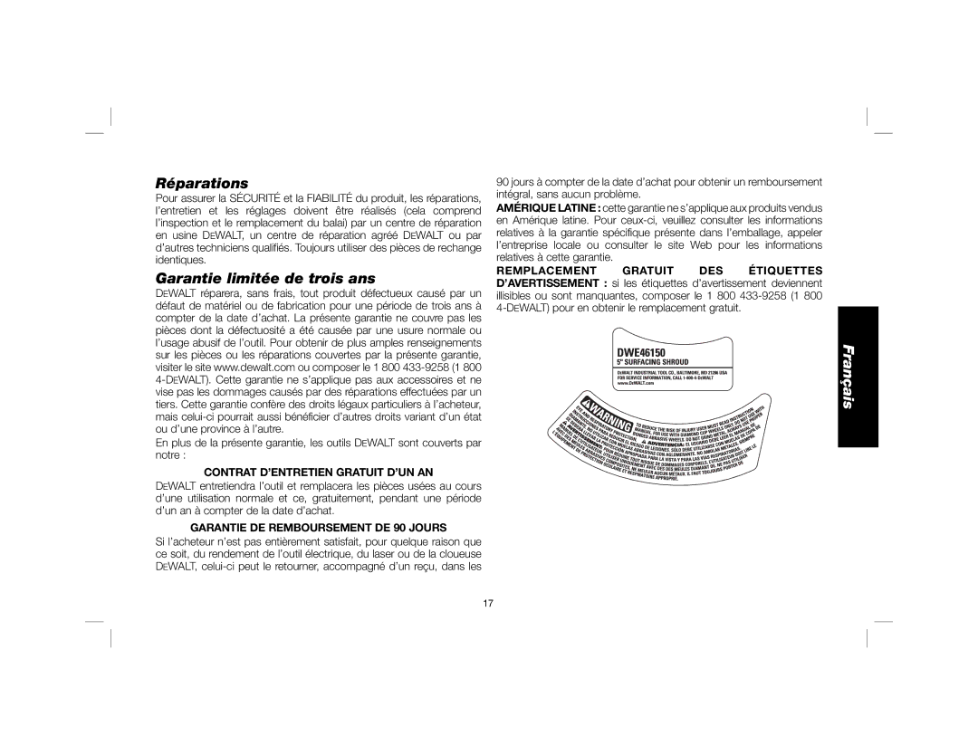 DeWalt DWE46150 instruction manual Réparations, Garantie limitée de trois ans, Contrat D’ENTRETIEN Gratuit D’UN AN 