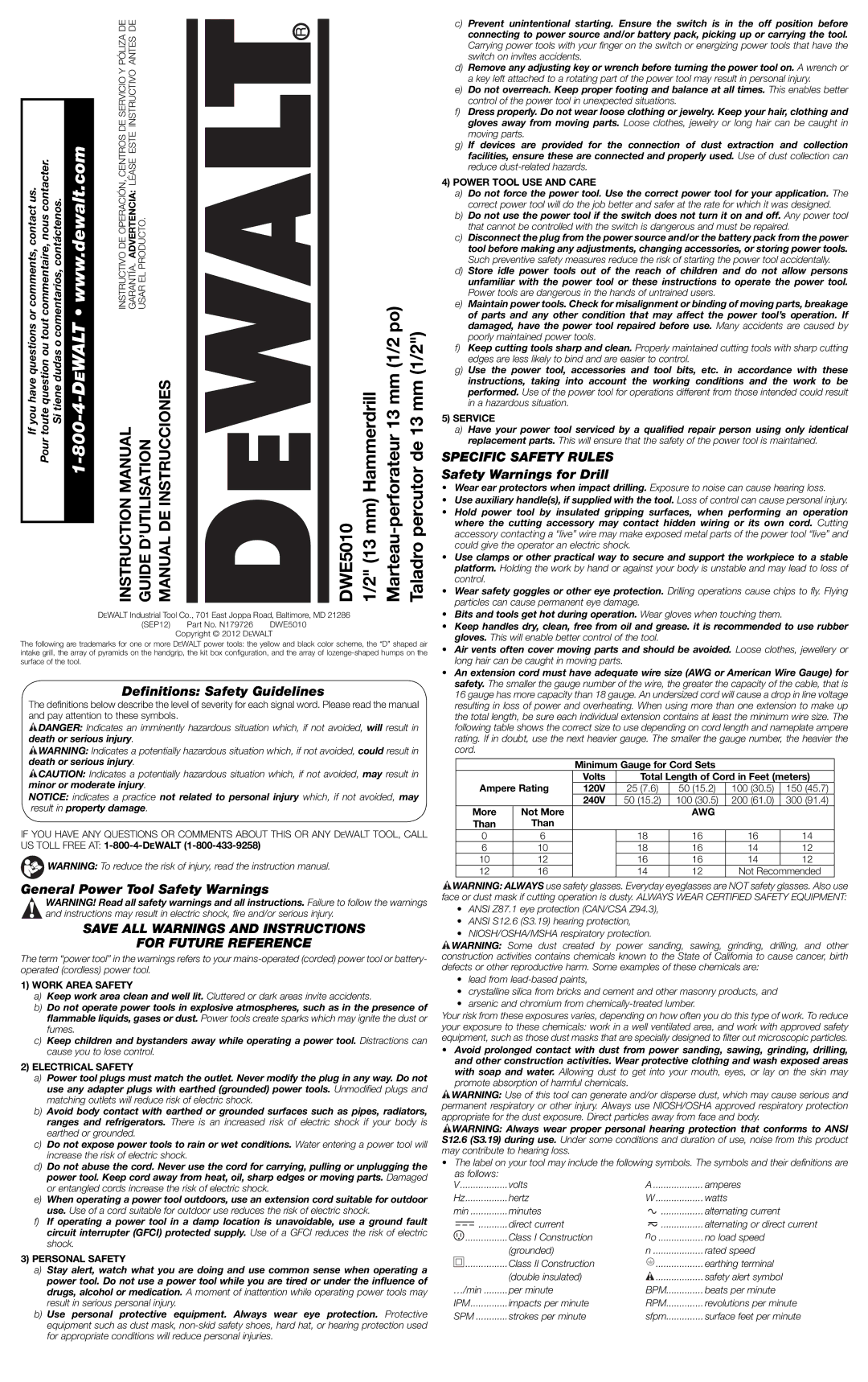 DeWalt DWE5010 instruction manual Deﬁnitions Safety Guidelines, General Power Tool Safety Warnings, Specific Safety Rules 