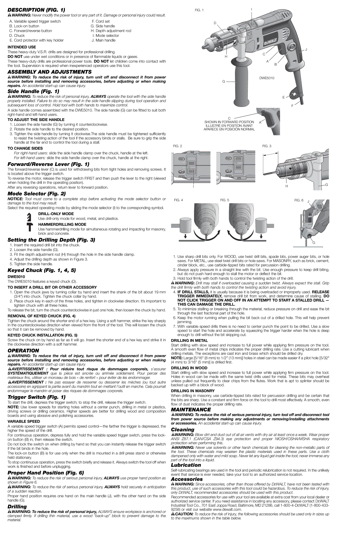 DeWalt DWE5010 instruction manual Description FIG, Assembly and Adjustments, Operation, Maintenance 