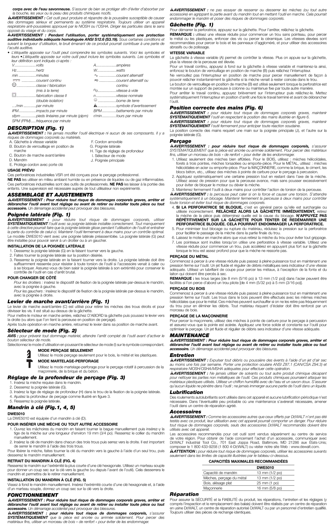 DeWalt DWE5010 instruction manual Assemblage ET Ajustements, Fonctionnement 