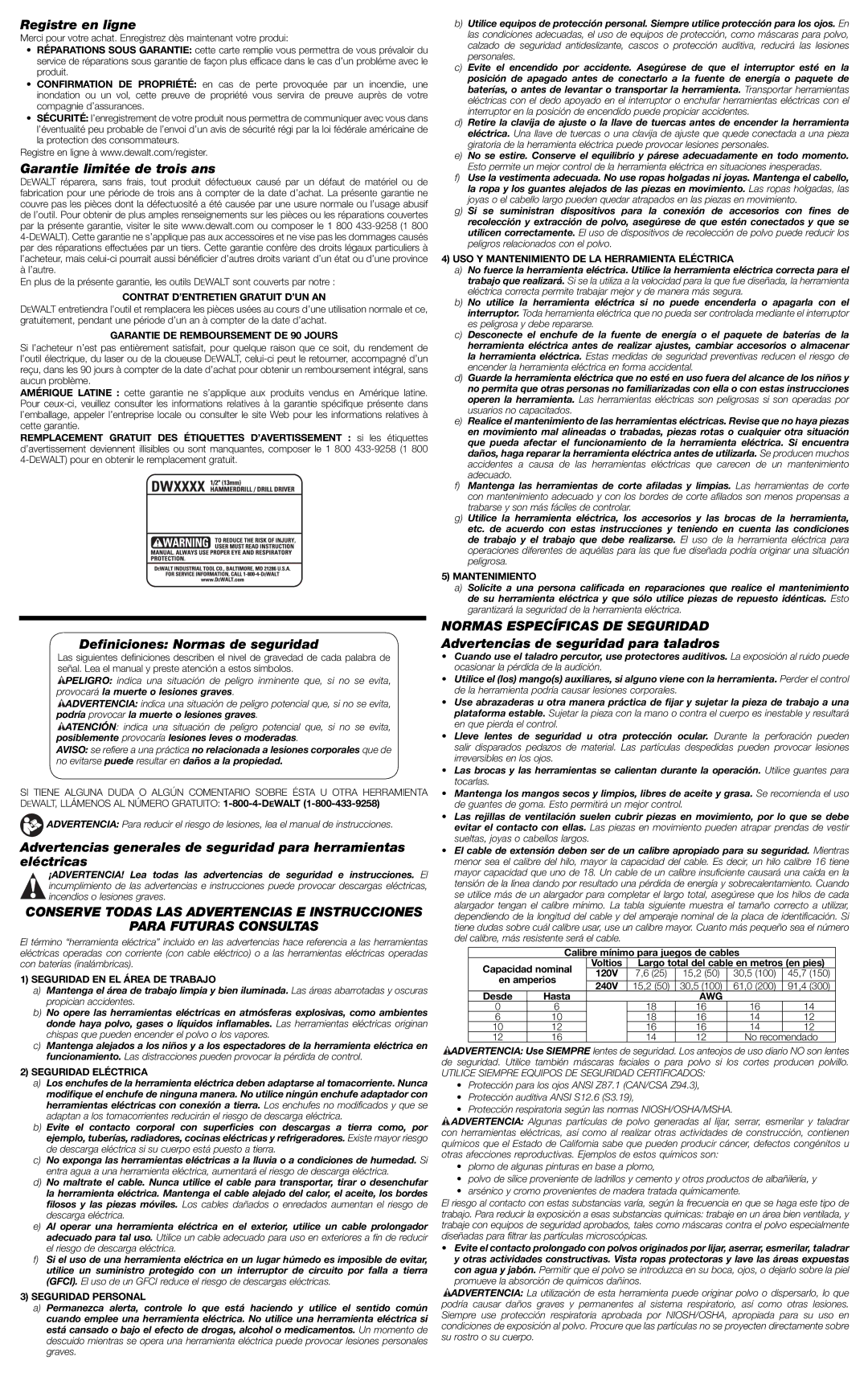 DeWalt DWE5010 instruction manual Registre en ligne, Garantie limitée de trois ans, Deﬁniciones Normas de seguridad 