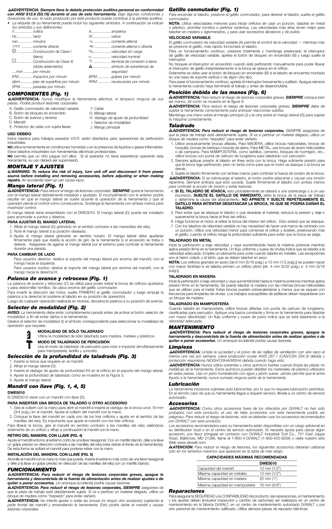 DeWalt DWE5010 instruction manual Montaje Y Ajustes, Funcionamiento, Mantenimiento 