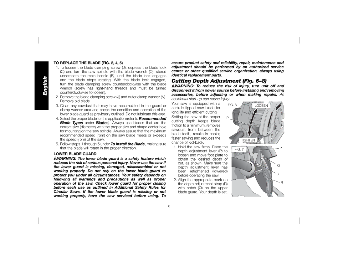 DeWalt DWE575SB instruction manual Cutting Depth Adjustment Fig, To Replace the Blade , 4, Lower Blade Guard 