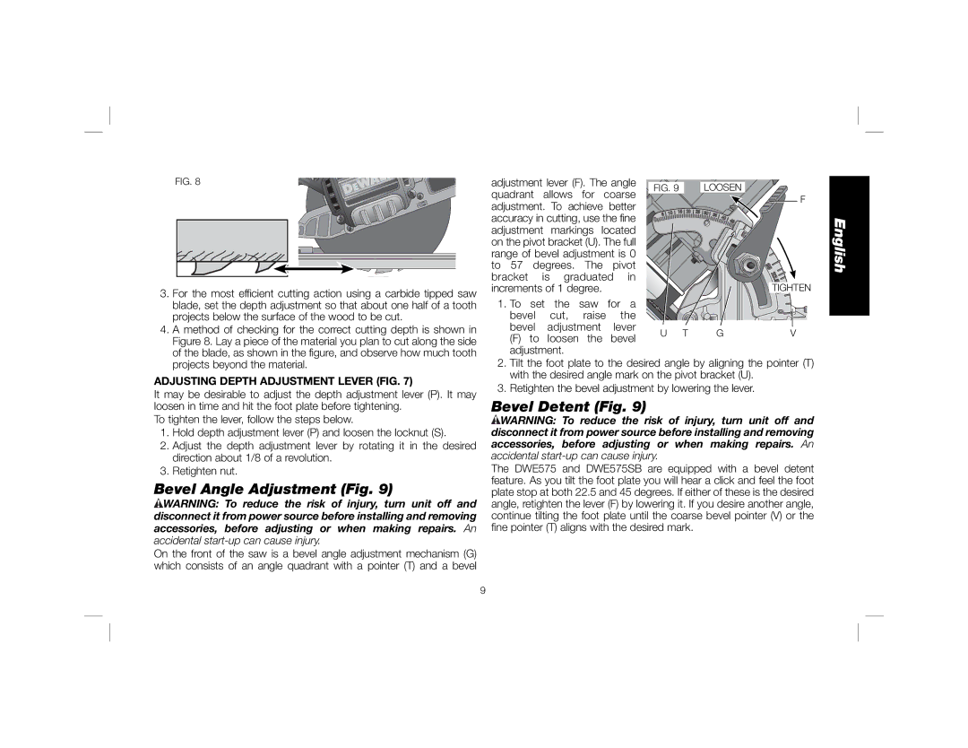 DeWalt DWE575SB instruction manual Bevel Detent Fig, Bevel Angle Adjustment Fig, Adjusting Depth Adjustment Lever FIG 