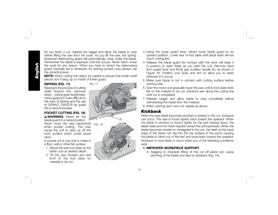 DeWalt DWE575SB instruction manual Kickback, Ripping FIG, Is recommended, Improper Workpiece Support 