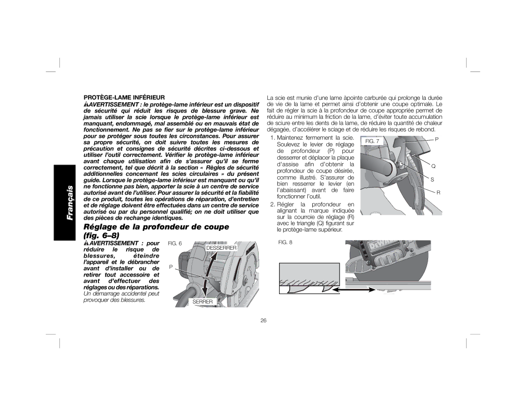 DeWalt DWE575 Réglage de la profondeur de coupe ﬁg, PROTÈGE-LAME Inférieur, Soulevez le levier de réglage De profondeur 