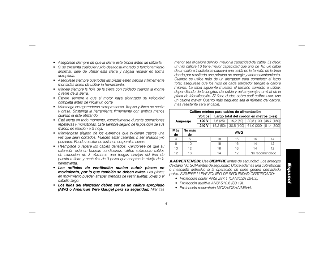 DeWalt DWE575SB instruction manual Calibre mínimo para cables de alimentación Voltios 