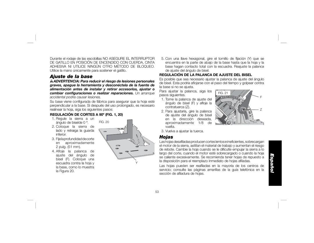 DeWalt DWE575SB instruction manual Ajuste de la base, Hojas, Regule Sierra a, Regulación DE LA Palanca DE Ajuste DEL Bisel 