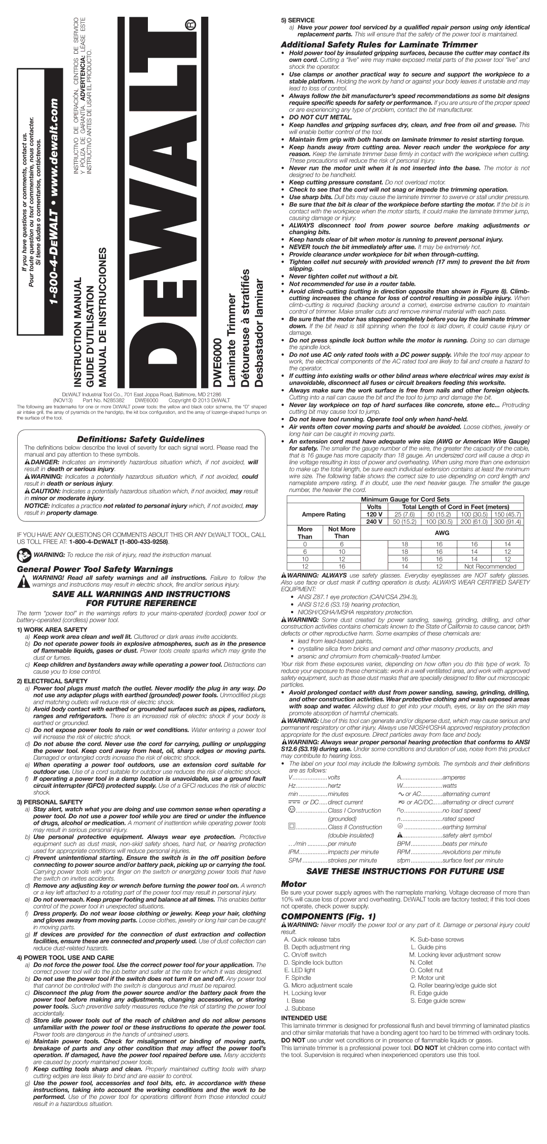 DeWalt DWE6000 instruction manual Save ALL Warnings and Instructions For Future Reference 