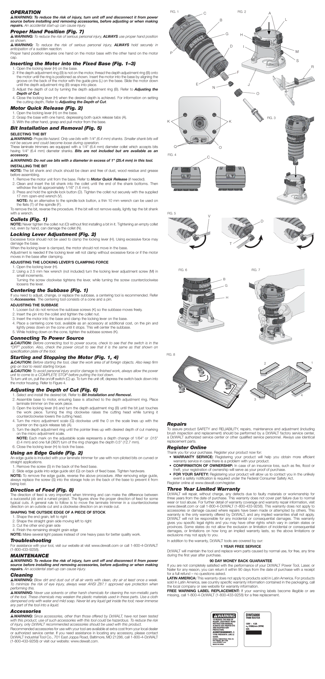 DeWalt DWE6000 instruction manual Operation, Maintenance 