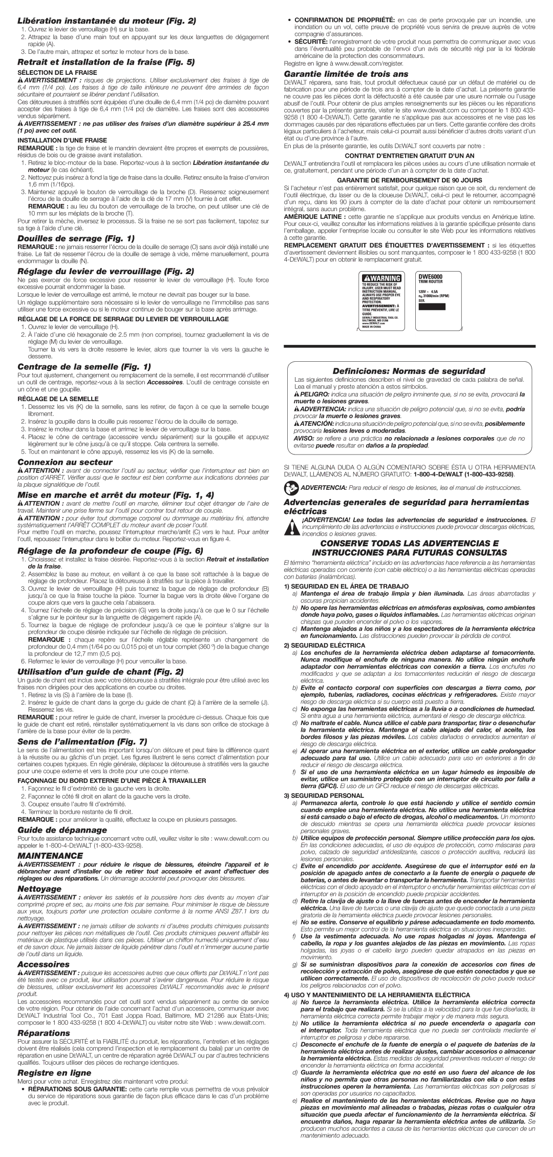 DeWalt DWE6000 Libération instantanée du moteur Fig, Retrait et installation de la fraise Fig, Douilles de serrage Fig 