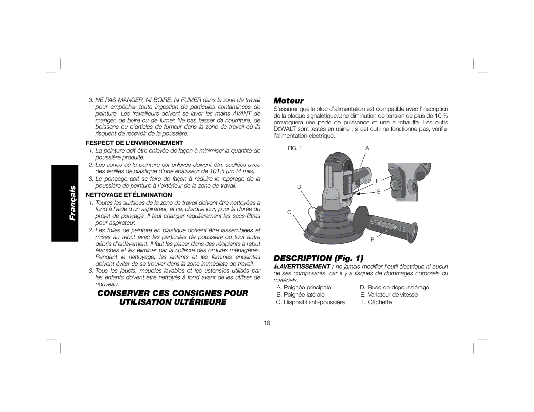 DeWalt DWE6401DS Conserver CES Consignes Pour Utilisation Ultérieure, Moteur, Description Fig, Respect DE L’ENVIRONNEMENT 