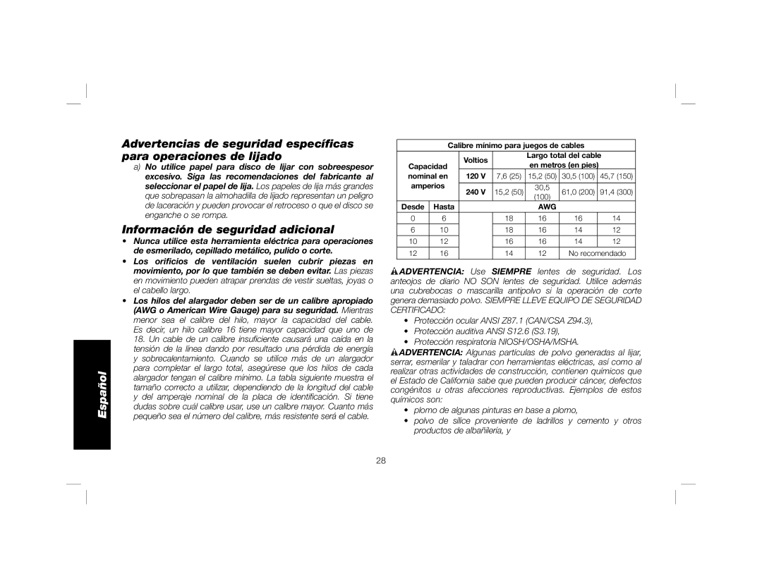 DeWalt DWE6401DS instruction manual Información de seguridad adicional 