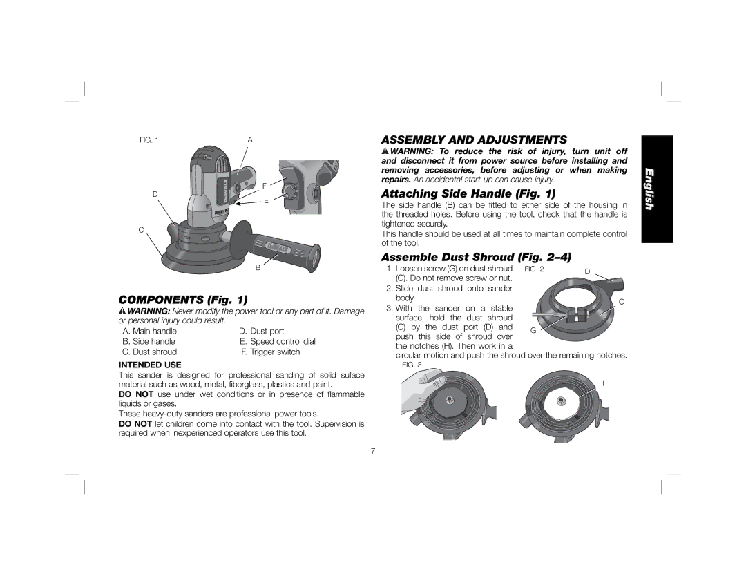 DeWalt DWE6401DS Components Fig, Assembly and Adjustments, Attaching Side Handle Fig, Assemble Dust Shroud Fig 