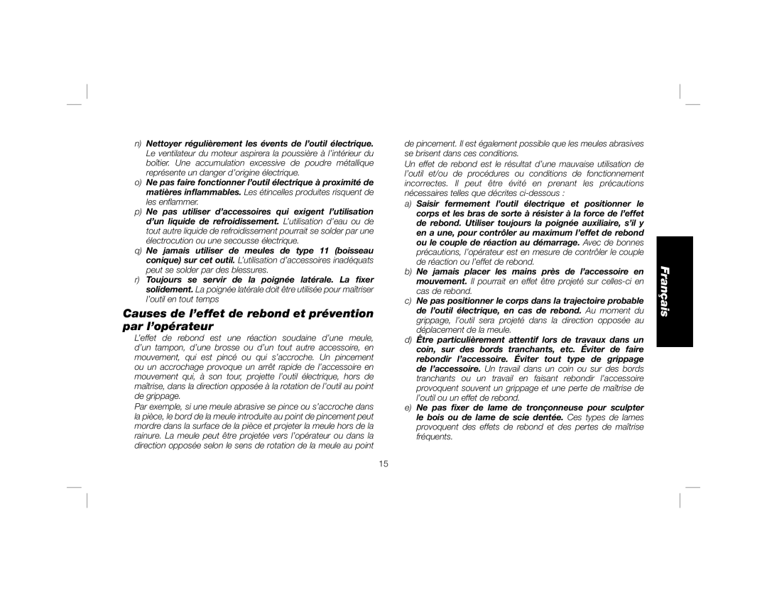 DeWalt DWE6401DS instruction manual Causes de l’effet de rebond et prévention par l’opérateur, Français 