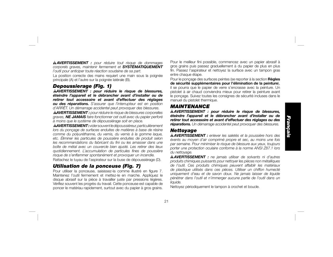 DeWalt DWE6401DS instruction manual Depoussierage Fig, Utilisation de la ponceuse Fig, Nettoyage, Maintenance, Français 