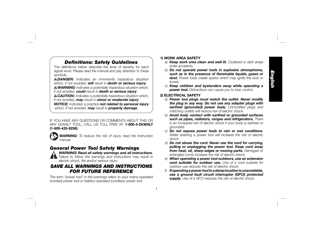 DeWalt DWE6401DS Deﬁnitions Safety Guidelines, General Power Tool Safety Warnings, English, Work Area Safety 
