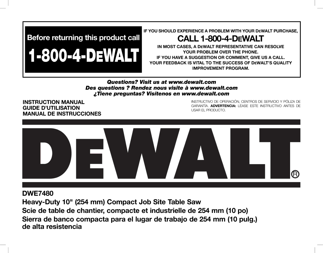 DeWalt DWE7480 instruction manual Dewalt 