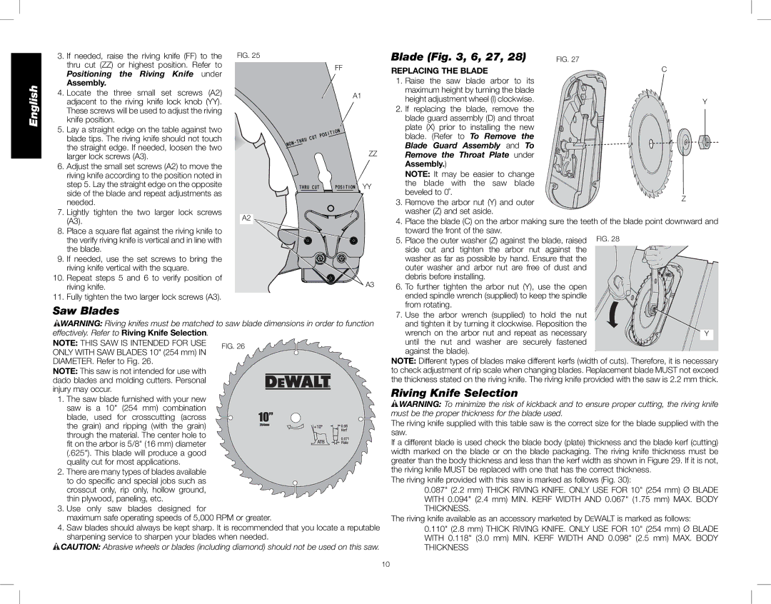 DeWalt DWE7480 instruction manual Blade , 6, 27, Saw Blades, Riving Knife Selection, Replacing the Blade 