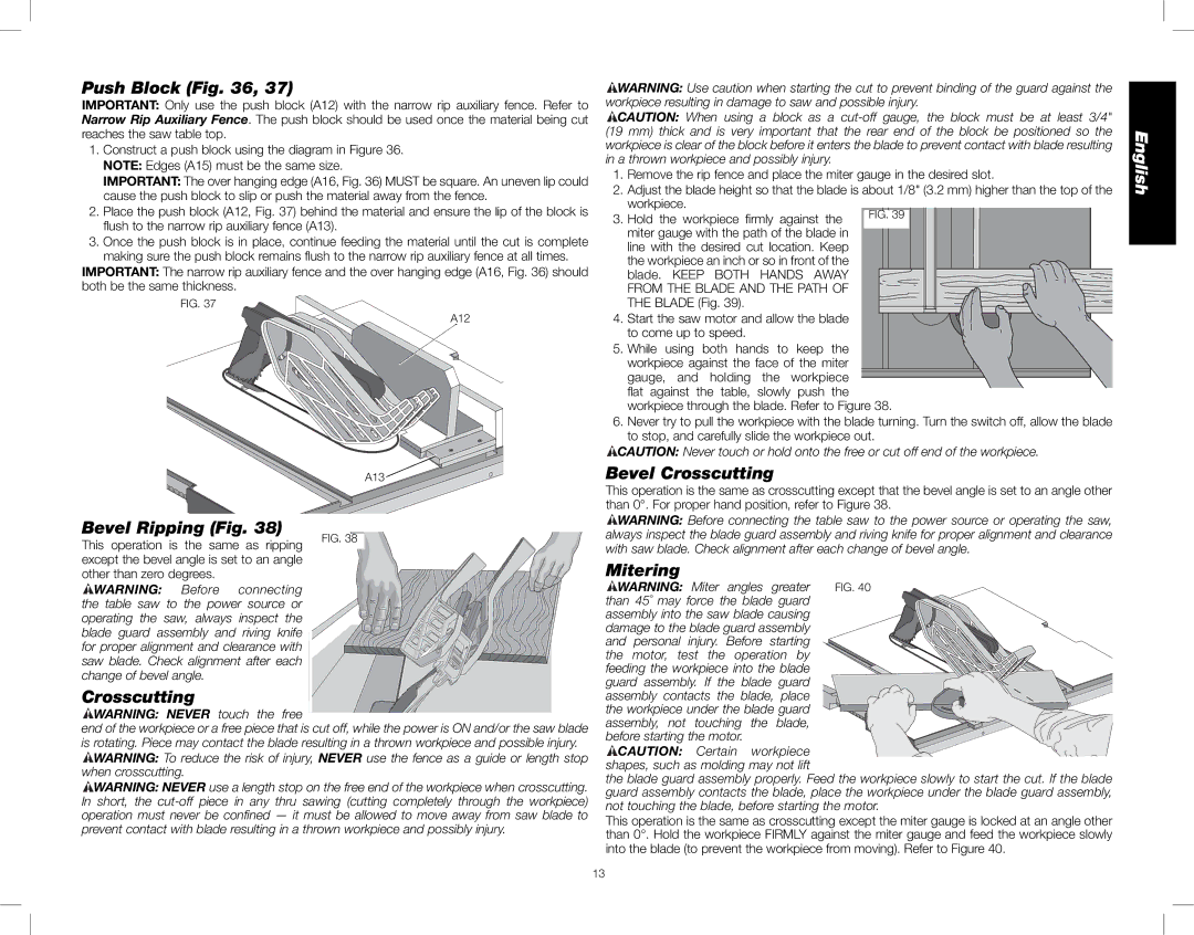 DeWalt DWE7480 instruction manual Push Block, Bevel Ripping Fig, Bevel Crosscutting, Mitering 