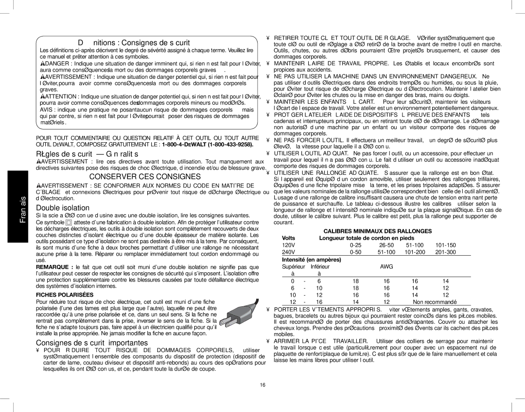 DeWalt DWE7480 Déﬁnitions Consignes de sécurité, Règles de sécurité Généralités, Conserver CES Consignes, Double isolation 