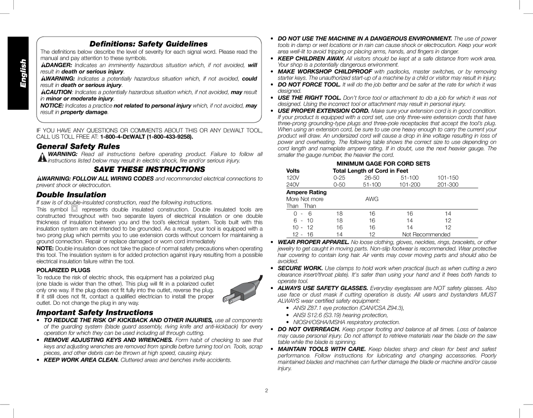 DeWalt DWE7480 Deﬁnitions Safety Guidelines, General Safety Rules Double Insulation, Important Safety Instructions 