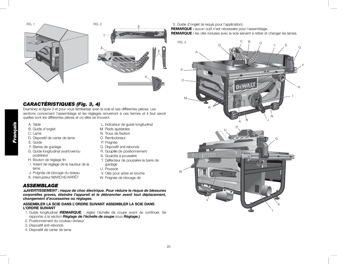 DeWalt DWE7480 instruction manual Caractéristiques, Assemblage 