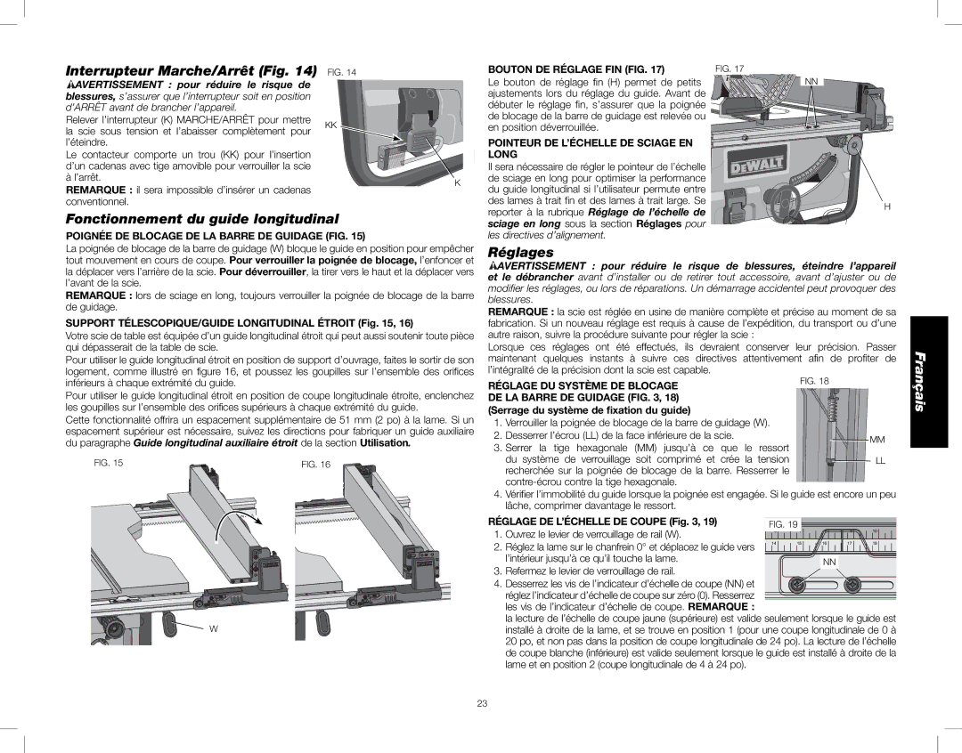 DeWalt DWE7480 instruction manual Interrupteur Marche/Arrêt Fig, Fonctionnement du guide longitudinal, Réglages 