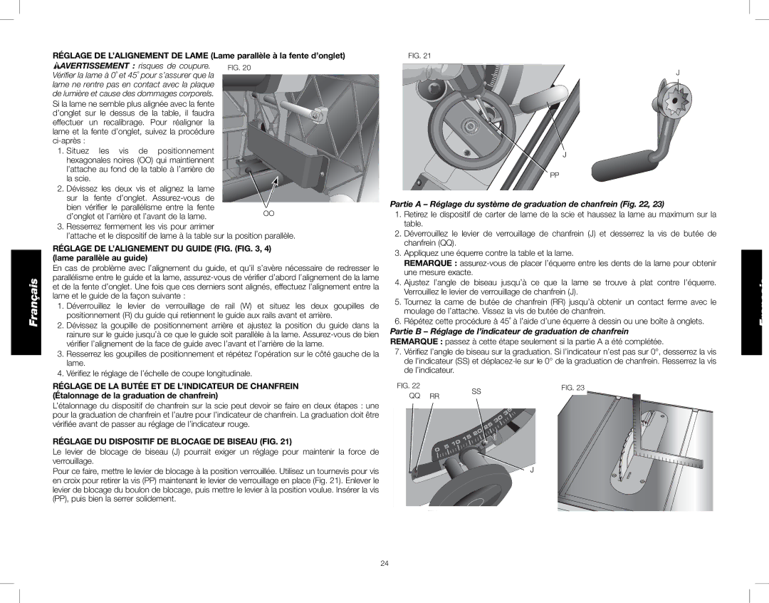 DeWalt DWE7480 Réglage DU Dispositif DE Blocage DE Biseau FIG, Partie a Réglage du système de graduation de chanfrein 