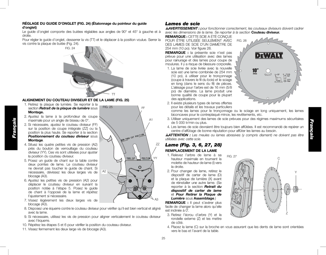 DeWalt DWE7480 instruction manual Lames de scie, Alignement DU Couteau Diviseur ET DE LA Lame FIG, Montage 