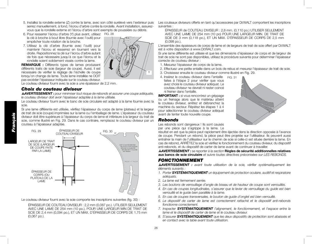 DeWalt DWE7480 instruction manual Choix du couteau diviseur, Rebonds, Fonctionnement 