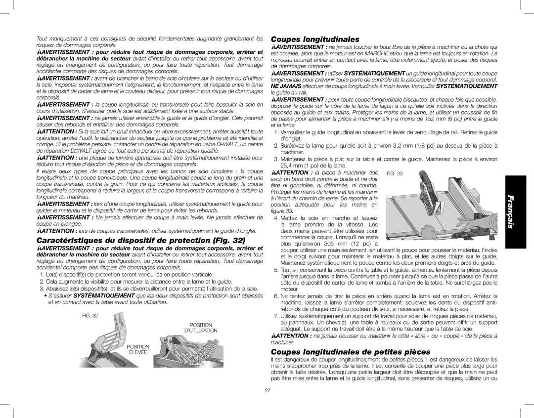 DeWalt DWE7480 instruction manual Caractéristiques du dispositif de protection Fig, Coupes longitudinales 