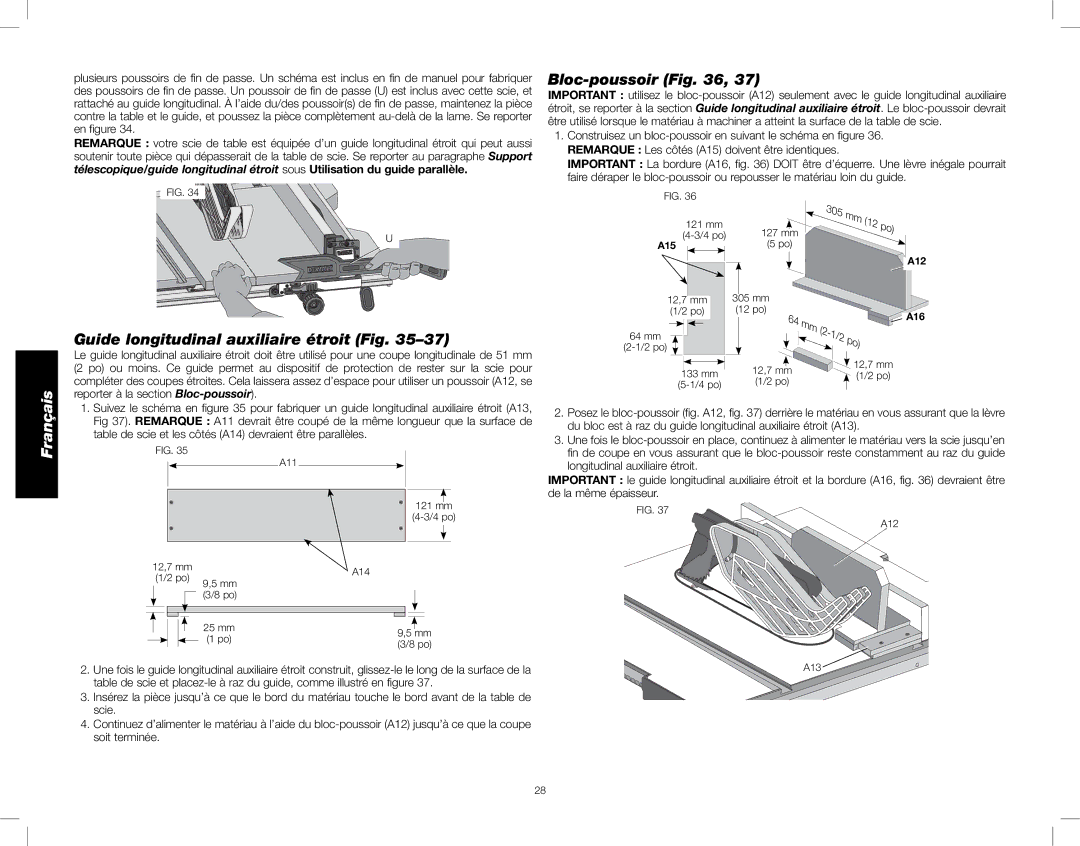 DeWalt DWE7480 instruction manual Bloc-poussoir, Guide longitudinal auxiliaire étroit Fig 