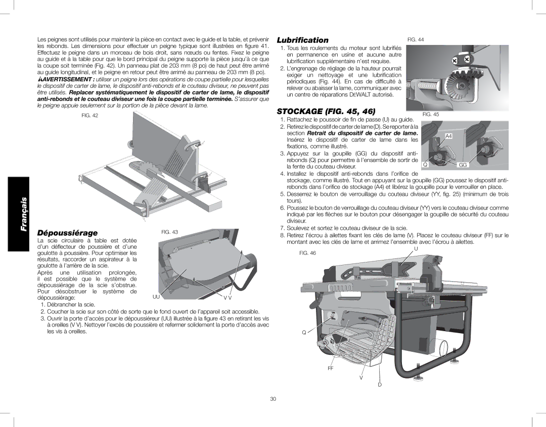 DeWalt DWE7480 instruction manual Lubriﬁcation, Stockage, Dépoussiérage 