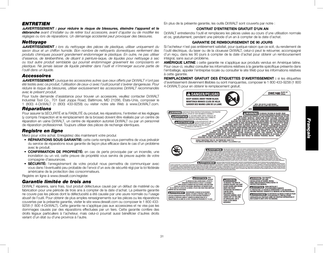 DeWalt DWE7480 instruction manual Entretien 