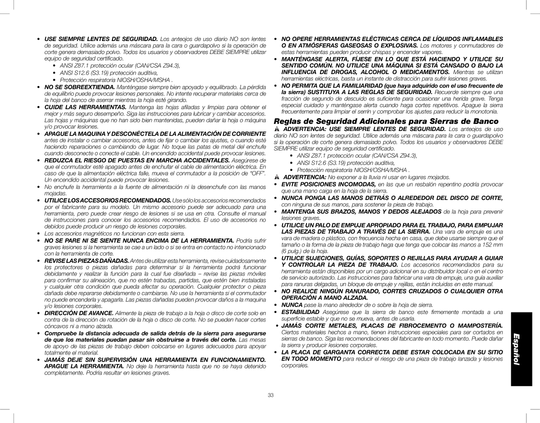 DeWalt DWE7480 instruction manual Reglas de Seguridad Adicionales para Sierras de Banco 