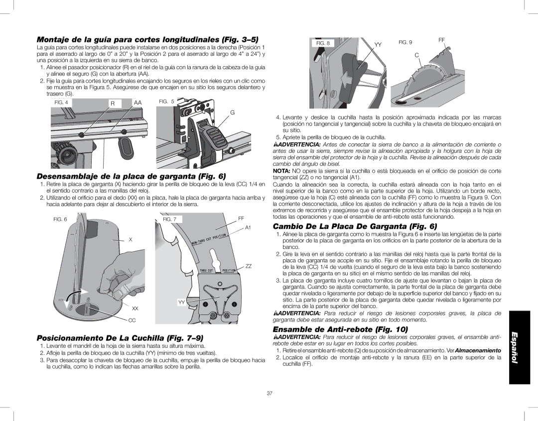 DeWalt DWE7480 Montaje de la guía para cortes longitudinales Fig, Desensamblaje de la placa de garganta Fig 