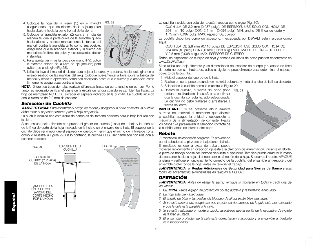 DeWalt DWE7480 instruction manual Selección de Cuchilla, Rebote, Operación 