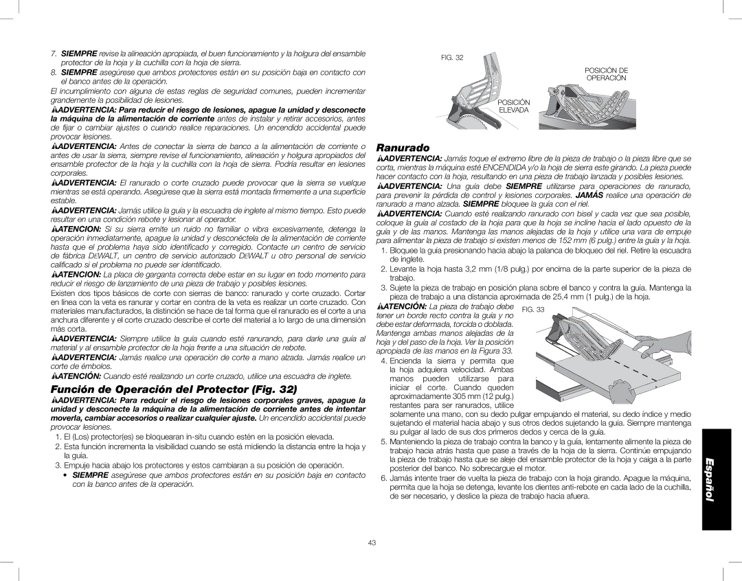 DeWalt DWE7480 instruction manual Función de Operación del Protector Fig, Ranurado, Iniciar el Corte Cuando queden 