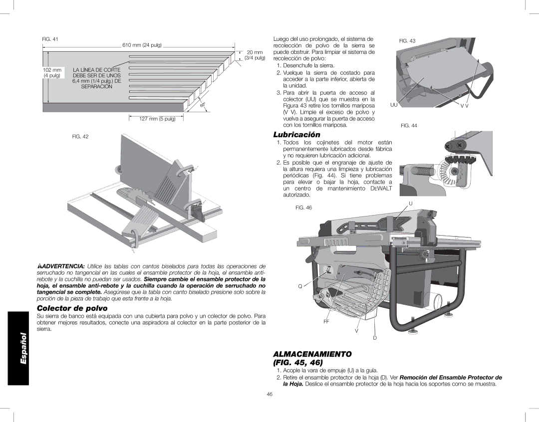 DeWalt DWE7480 instruction manual Lubricación, Colector de polvo, Almacenamiento, Acople la vara de empuje U a la guía 