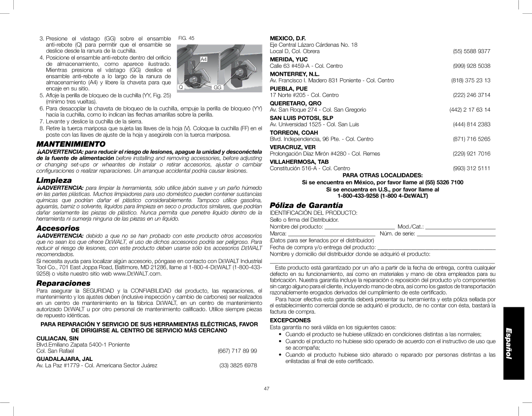 DeWalt DWE7480 instruction manual Mantenimiento, Limpieza, Accesorios, Reparaciones, Póliza de Garantía 