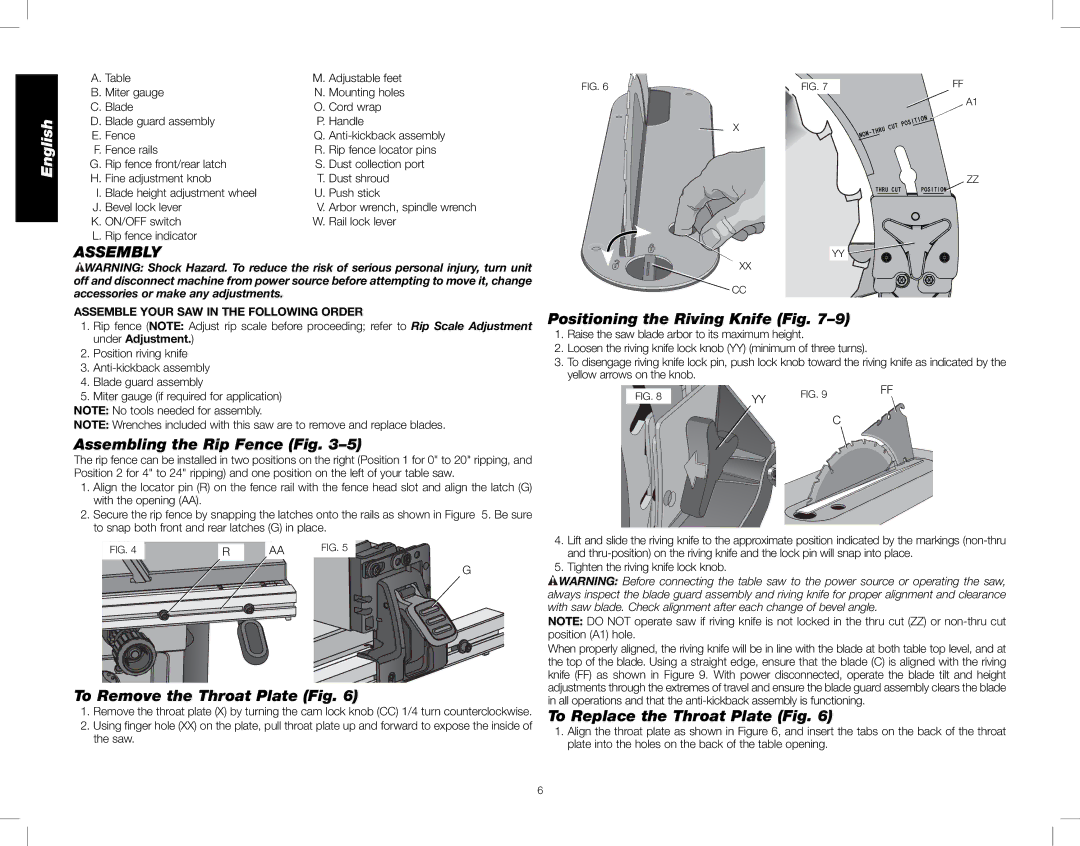 DeWalt DWE7480 Assembly, Assembling the Rip Fence Fig, To Remove the Throat Plate Fig, Positioning the Riving Knife Fig 