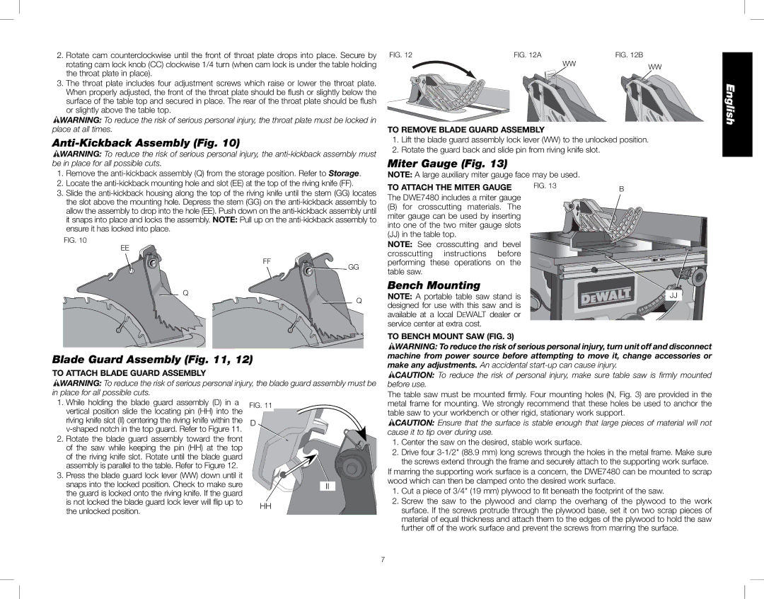 DeWalt DWE7480 instruction manual Anti-Kickback Assembly Fig, Miter Gauge Fig, Bench Mounting, Blade Guard Assembly 