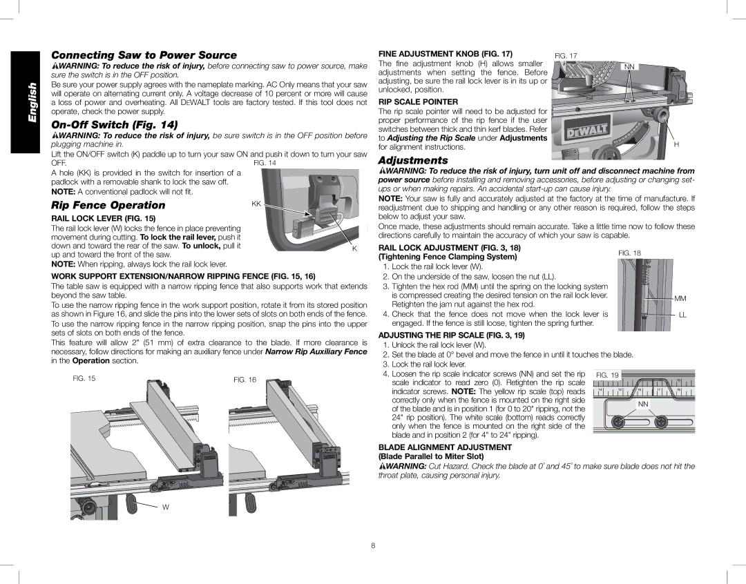 DeWalt DWE7480 instruction manual Connecting Saw to Power Source, On-Off Switch Fig, Adjustments, Rip Fence Operation 