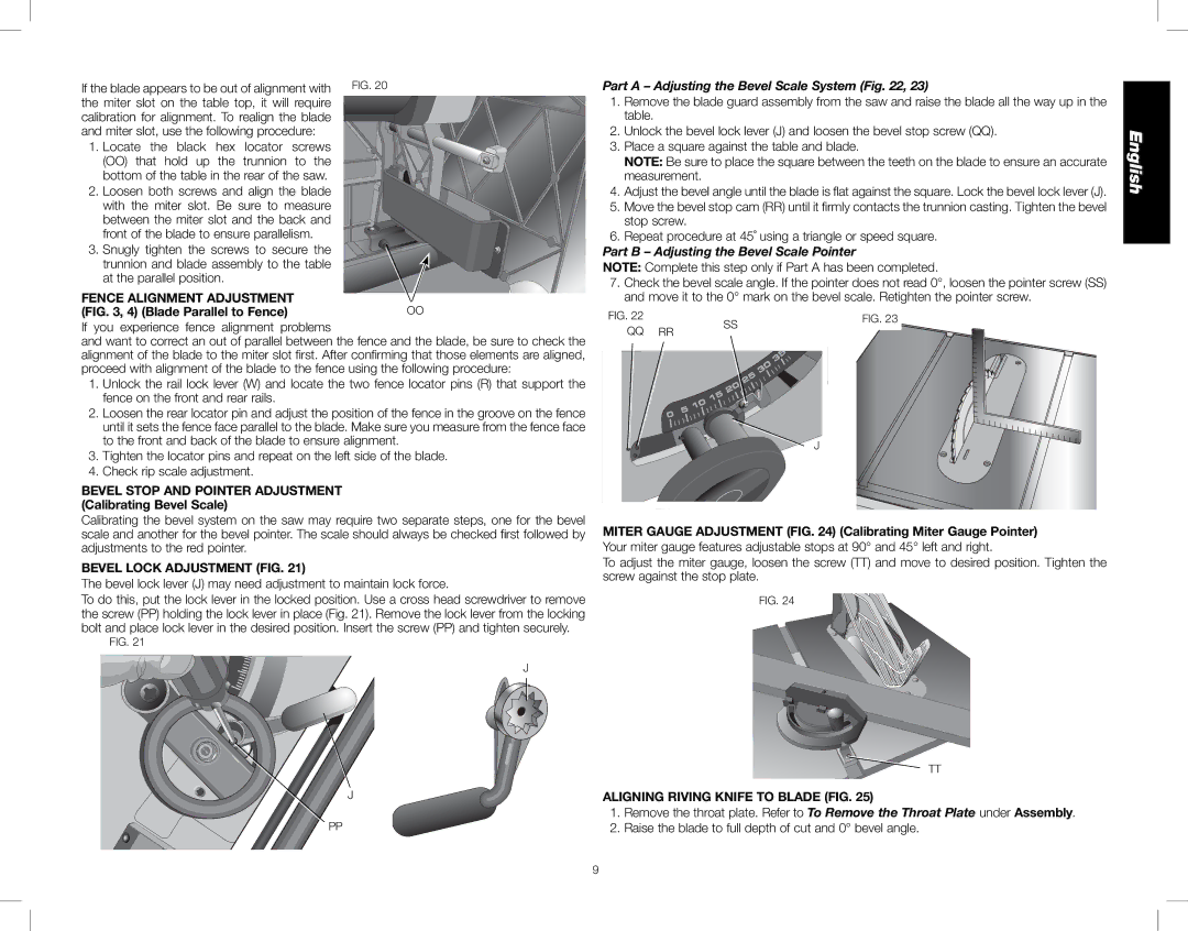 DeWalt DWE7480 Fence Alignment Adjustment, Bevel Lock Adjustment FIG, Part a Adjusting the Bevel Scale System 