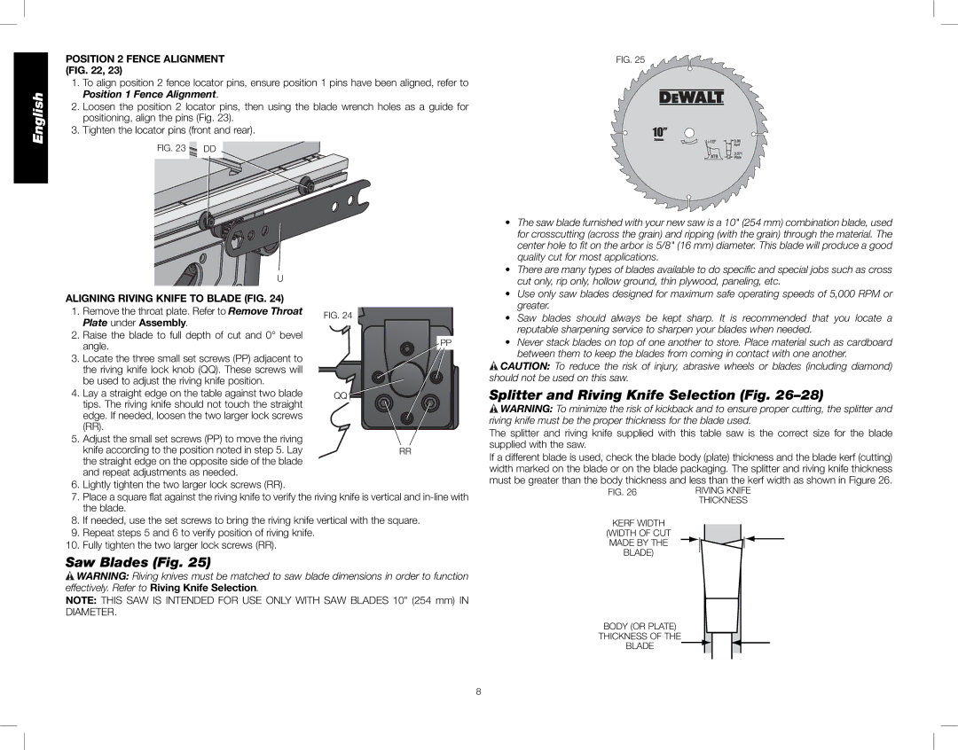 DeWalt DWE7490X Saw Blades Fig, Splitter and Riving Knife Selection Fig, Position 2 Fence Alignment, Plate under Assembly 