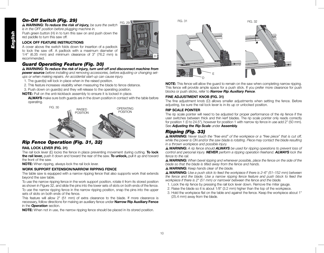 DeWalt DWE7490X instruction manual On-Off Switch Fig, Guard Operating Feature Fig, Rip Fence Operation, Ripping Fig 