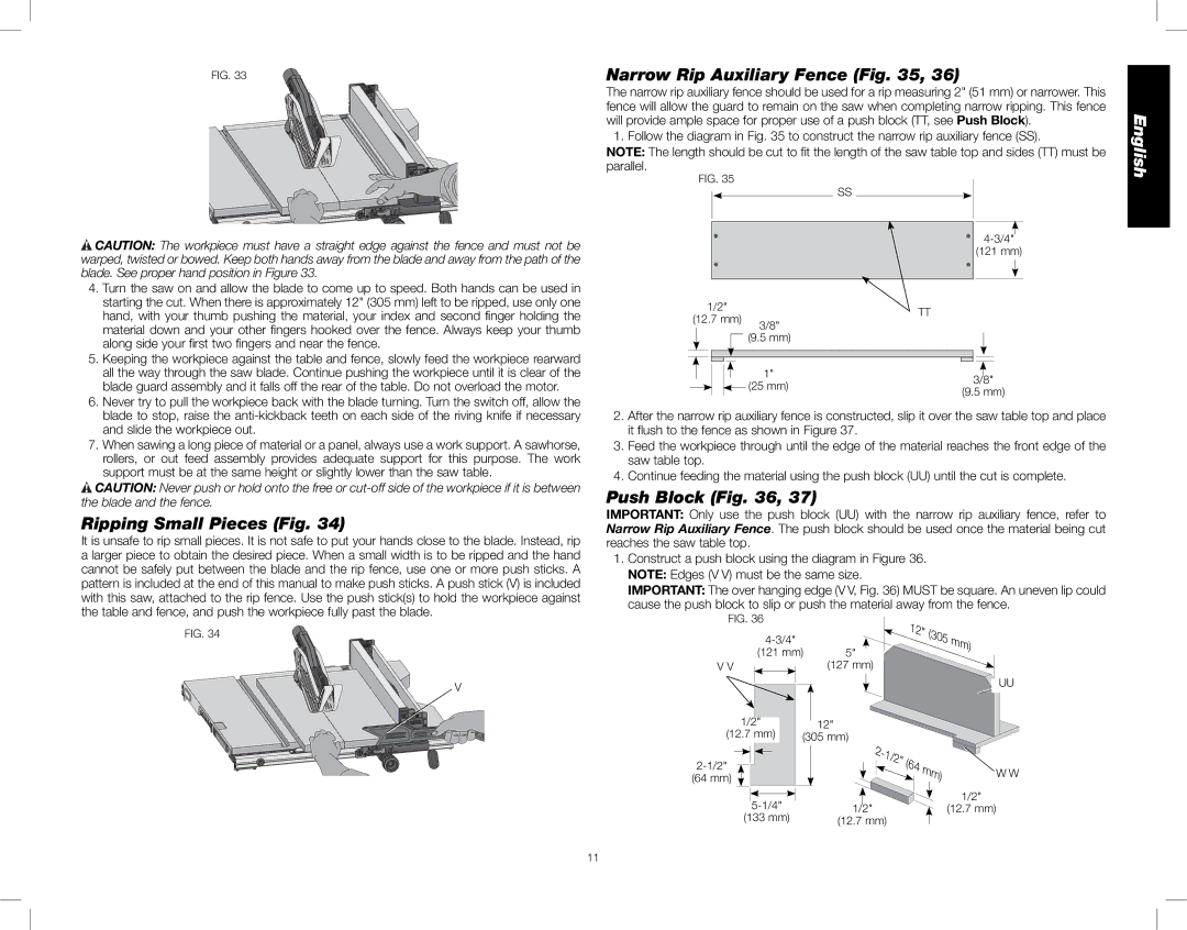 DeWalt DWE7490X instruction manual Ripping Small Pieces Fig, Narrow Rip Auxiliary Fence, Push Block 